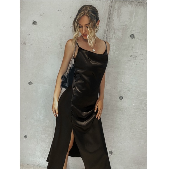 Black Satin Cami High Slit Midi Dress - Picture 5 of 10
